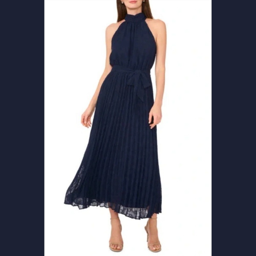 NEW Halogen Womens Size 1 Pleated Tie Waste Maxi‎ Dress Halter Neck Blue Belted